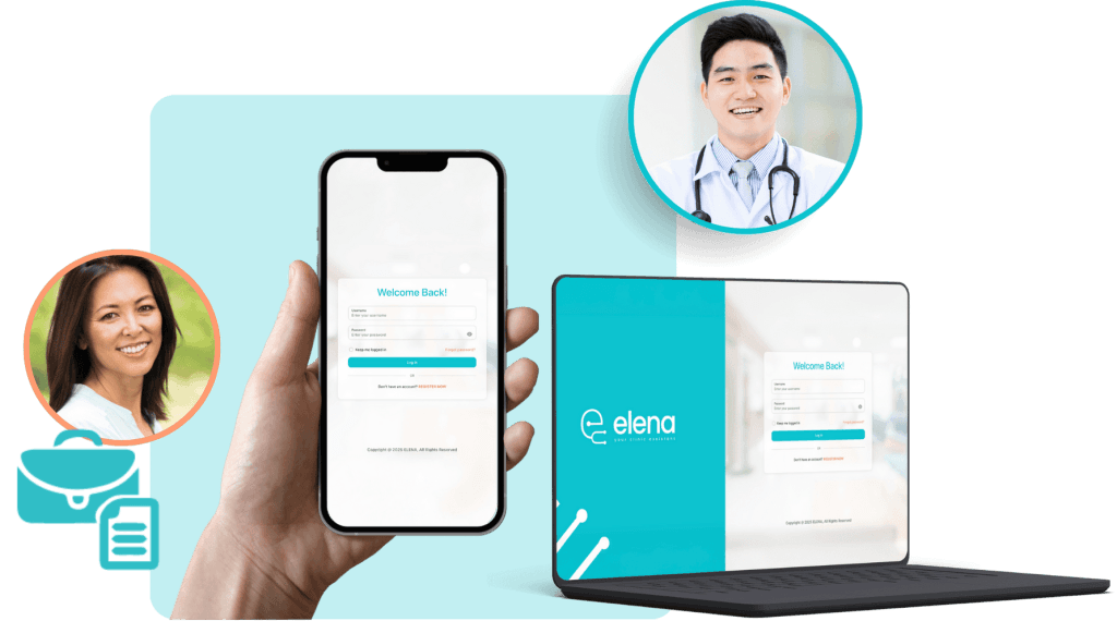 Elena Solution — medical app on phone and laptop
